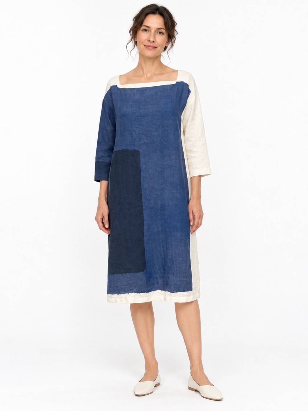 Annette Gortz Blue & Ivory Linen Colorblock Shift Dress Size M